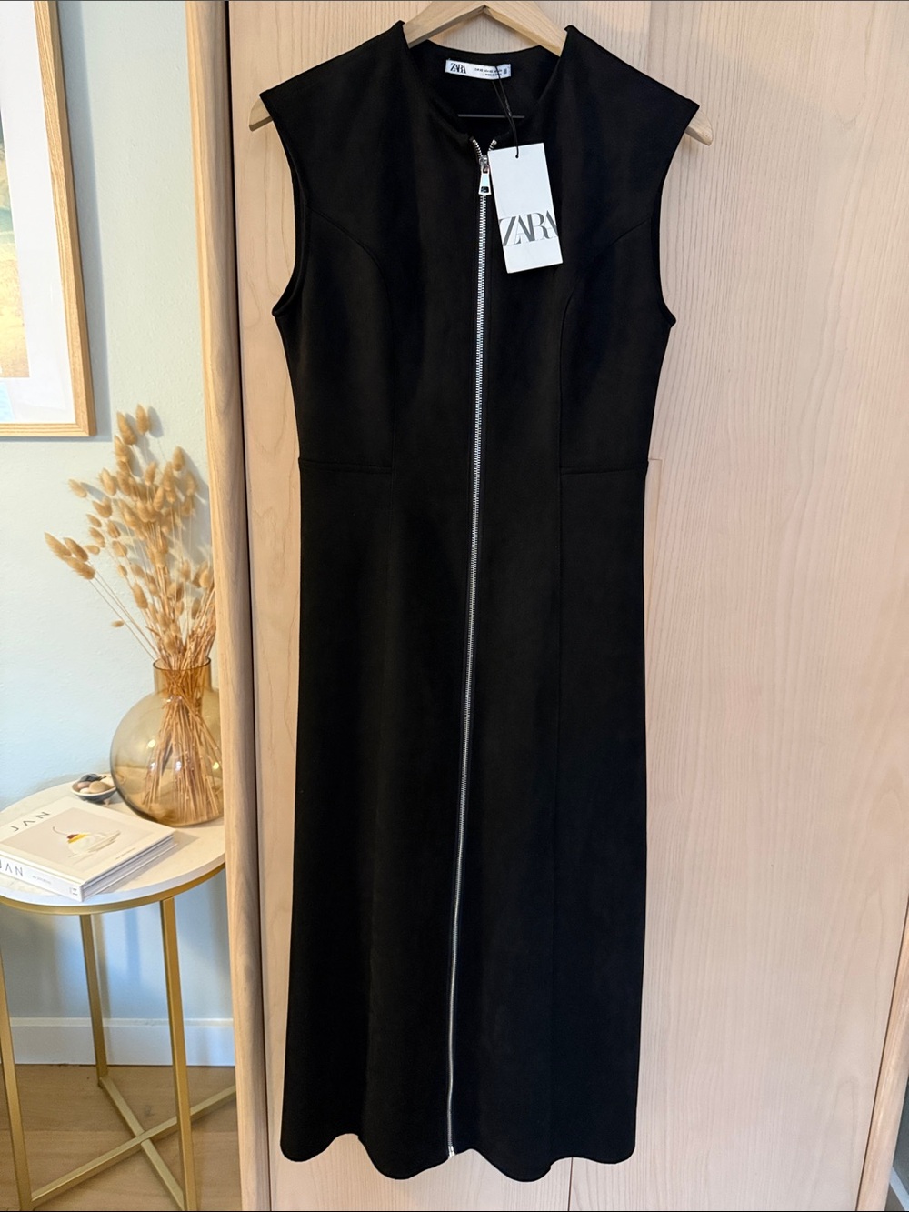 Zara Black Soft Suede Sleeveless Midi Dress with Front Zip XS